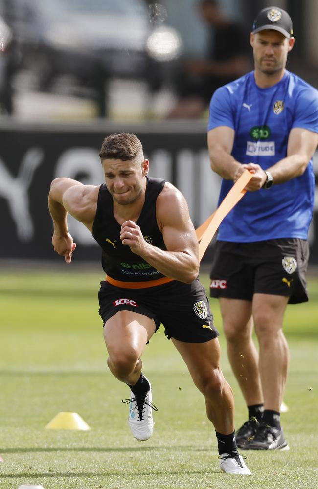 Dion Prestia was put through his paces away from the main group. Picture: Michael Klein