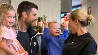 Brooke and Trent Cotchin celebrate the first birthday of their youngest child in the AFL hub. Picture: Instagram