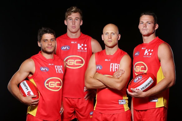 The Suns days: (From left) Dion Prestia, Tom Lynch, Gary Ablett jnr and Steven May.